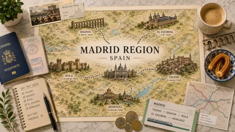 Illustrated Madrid region map with passport, train ticket, museum card, coffee, and historic day-trip objects on marble.