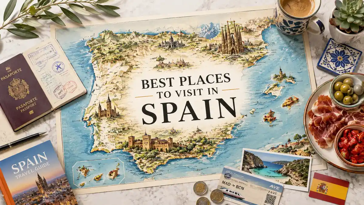 Best Places to Visit in Spain by Trip Style 2 Illustrated Spain travel map with passport, tapas, coffee, travel tickets, and coastal island details on a marble table.