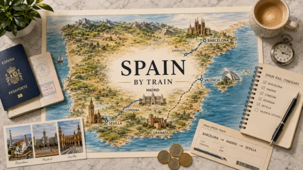 Illustrated Spain rail map with passport, train ticket, coffee, route card, and travel objects on marble.