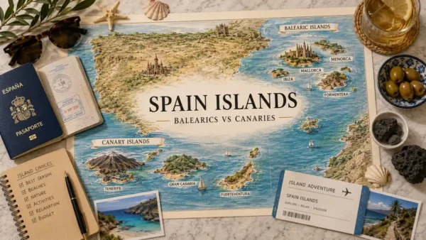Illustrated Spain islands map with passport, beach objects, volcanic rock, ferry ticket, and travel notes on marble.