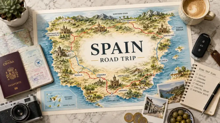 Illustrated Spain road trip map with passport, car key, route plan, coffee, and travel objects on marble.