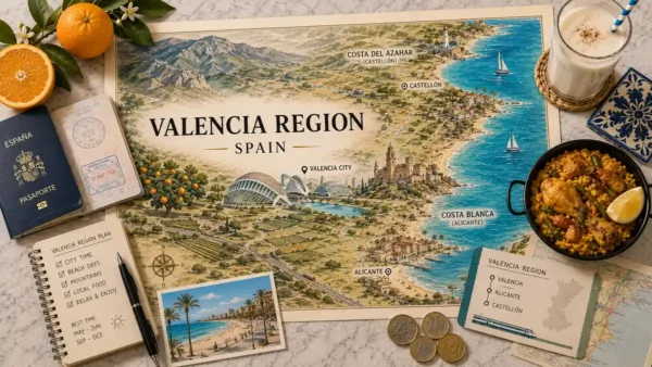 Travel to Valencia Region, Spain: City, Coast & Inland 7 Illustrated Valencia Region map with passport, paella, oranges, beach card, train ticket, and Mediterranean travel objects on marble.