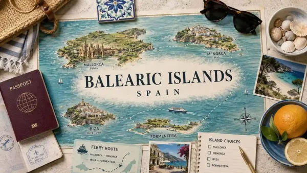 Flat lay travel map of the Balearic Islands in Spain with a passport, shells, ferry card, and Mediterranean island details.