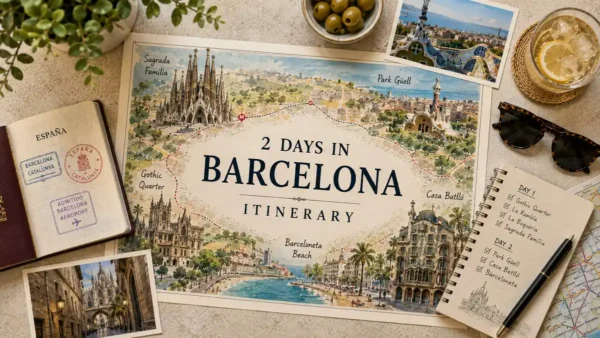 2-Day Barcelona Itinerary: The Perfect Route 8 Flat lay Barcelona itinerary map with passport, Gaudí landmarks, olives, sunglasses, and route notes.