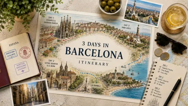 3-Day Barcelona Itinerary: The Perfect Route 9 Flat lay Barcelona 3-day itinerary map with passport, Gaudí landmarks, olives, sunglasses, and route notes.