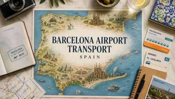 Illustrated Barcelona airport transport map with passport, transit cards, and travel planning objects