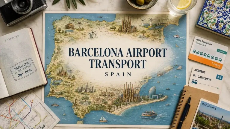Illustrated Barcelona airport transport map with passport, transit cards, and travel planning objects