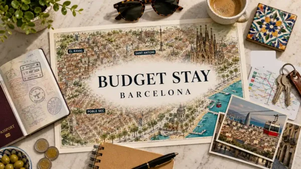 Flat lay travel planning scene with an illustrated Barcelona budget stay map and passport