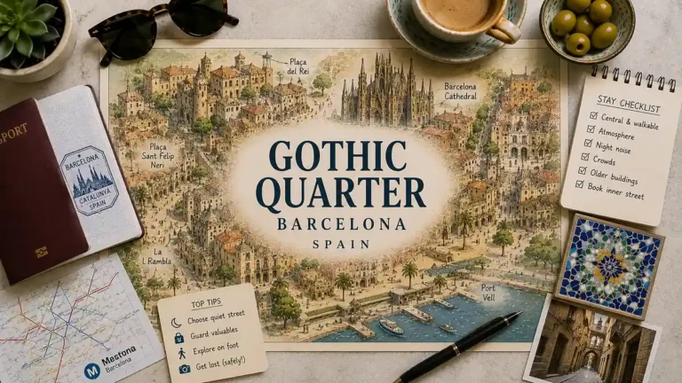 Gothic Quarter Barcelona: Where to Stay Guide 7 Illustrated Gothic Quarter map with passport, stay checklist, metro map, and travel planning objects