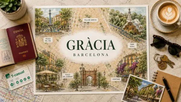 Gràcia neighborhood map-poster flat lay with a passport, metro card, coffee, and local travel planning items.