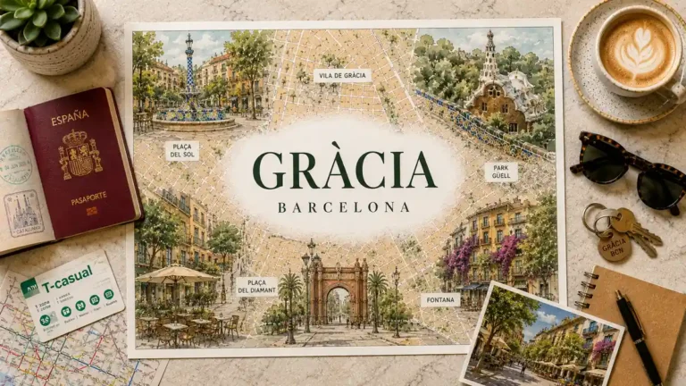 Gràcia neighborhood map-poster flat lay with a passport, metro card, coffee, and local travel planning items.