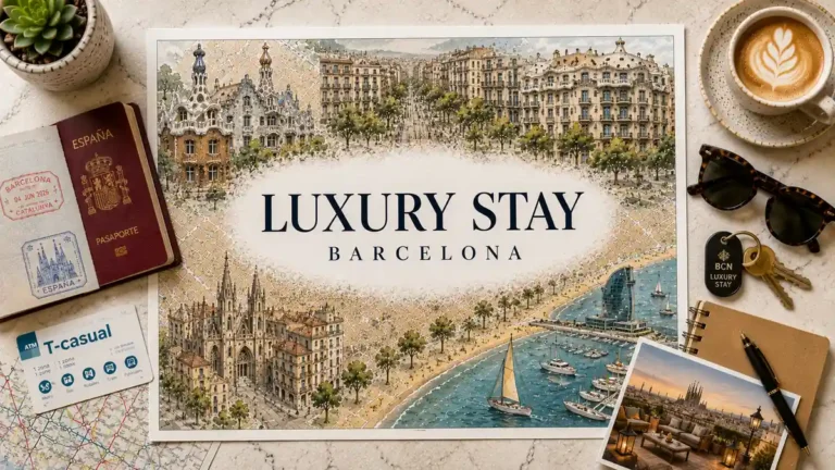 Barcelona luxury stay map-poster flat lay with a passport, coffee, key, sunglasses, and travel planning items.