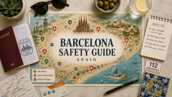 Is Barcelona Safe? Theft Risks and How to Avoid Them 6 Illustrated Barcelona safety map with passport, emergency card, metro map, and travel safety notes