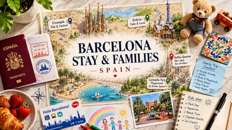 Flat lay travel map for where to stay in Barcelona with families, with passport, family planning props, snacks, transit card, toy tram, and Barcelona landmarks