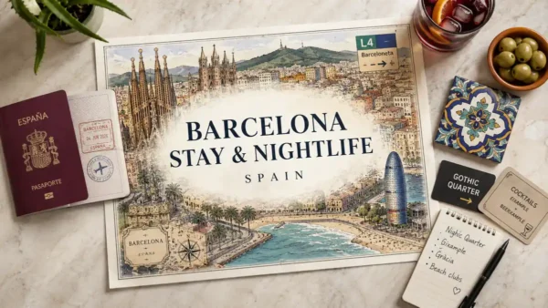 Flat lay travel map for where to stay in Barcelona for nightlife with passport, bar cards, notebook, olives, and drink
