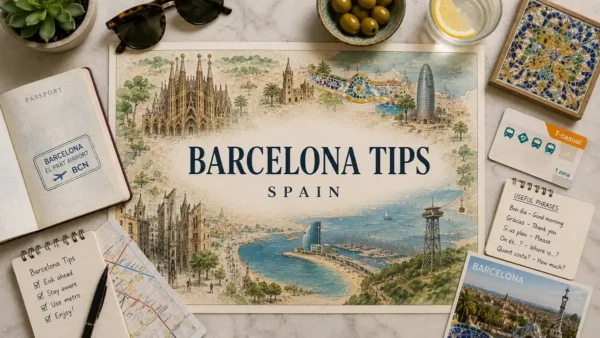 Barcelona Travel Tips: What to Know Before You Go 5 Illustrated Barcelona tips map with passport, transit card, useful phrases, and travel planning objects