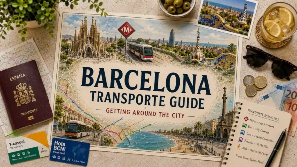 Getting Around Barcelona: Modes, Tickets & Best Strategy 4 Flat lay Barcelona transport map with passport, metro routes, transport cards, euros, sunglasses, and planning notes.