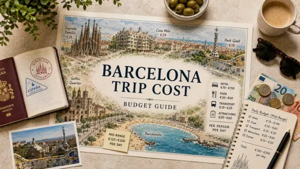 Barcelona: Trip Cost Guide 3 Flat lay Barcelona budget map with passport, euros, coins, coffee, olives, sunglasses, and cost notes.