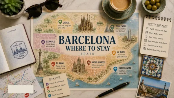 Illustrated Barcelona neighborhood map with passport, metro map, stay checklist, and travel planning objects