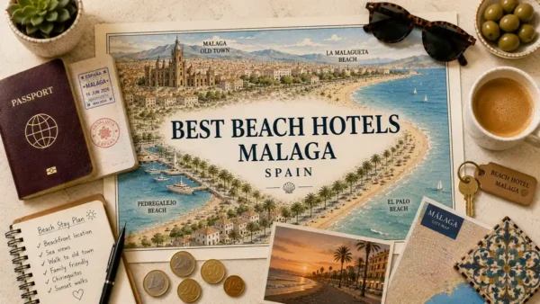 Overhead travel flat lay with a Malaga beach hotels map poster, passport, room key, coffee, notebook, and city map.
