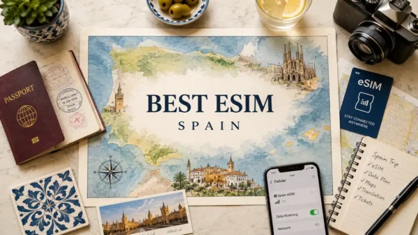 Overhead Spain travel flat lay with map poster, passport, smartphone eSIM screen, and trip connectivity checklist.