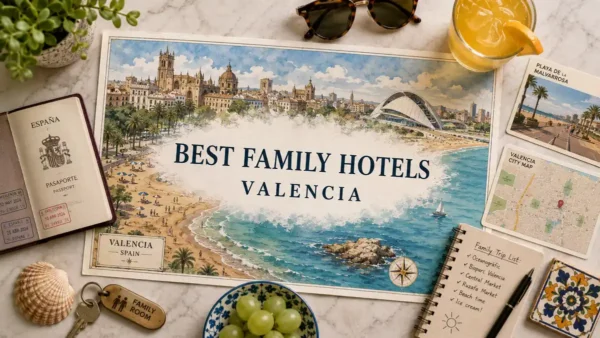 Flat lay Valencia family hotels travel map with passport, beach cards, room key, and family trip checklist.