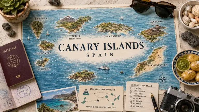 Flat lay travel map of the Canary Islands in Spain with a passport, volcanic rock, shells, ferry card, and island-planning details.