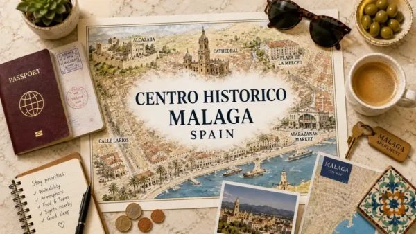 Centro Historico, Malaga: Is It the Right Base to Stay? 3 Overhead travel flat lay with a Centro Historico Malaga map poster, passport, apartment key, coffee, notebook, and city map.