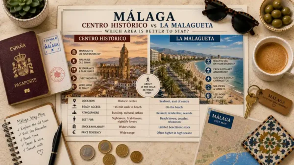 Overhead travel flat lay with a Malaga comparison map poster, passport, room key, coffee, notebook, and city map.