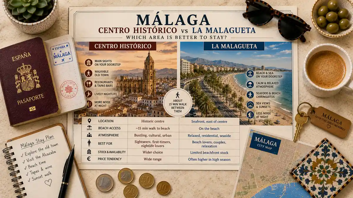 Centro Historico vs La Malagueta: Where to Stay in Malaga 2 Overhead travel flat lay with a Malaga comparison map poster, passport, room key, coffee, notebook, and city map.