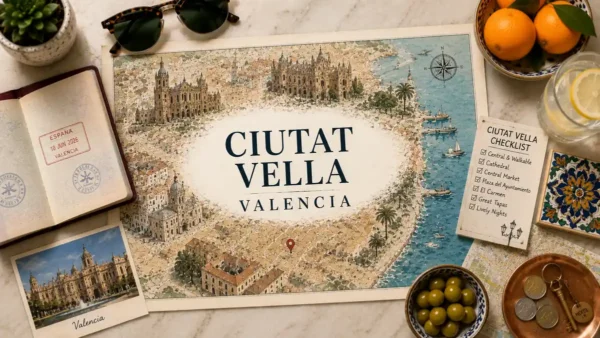 Ciutat Vella, Valencia: The Old Town as Your Base 3 Flat lay Valencia Ciutat Vella map with passport, checklist, tile, olives, coins, and Old Town travel props.