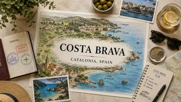 Flat lay travel map of the Costa Brava with passport, cove postcards, olives, sunglasses, and route notes.