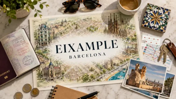 Flat lay travel planning scene with an illustrated Eixample Barcelona map and passport
