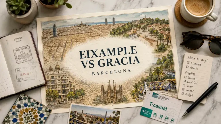 Flat lay map-poster comparing Eixample and Gracia in Barcelona with passport and planning notes