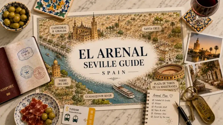 Illustrated El Arenal Seville stay map with passport, river landmarks, tapas, wine, hotel key, and travel plan.