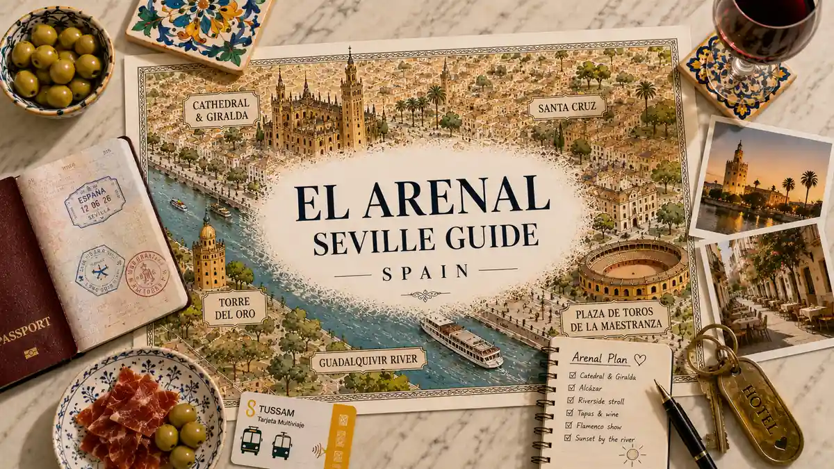 El Arenal, Seville: Where to Stay and What It's Like 2 Illustrated El Arenal Seville stay map with passport, river landmarks, tapas, wine, hotel key, and travel plan.