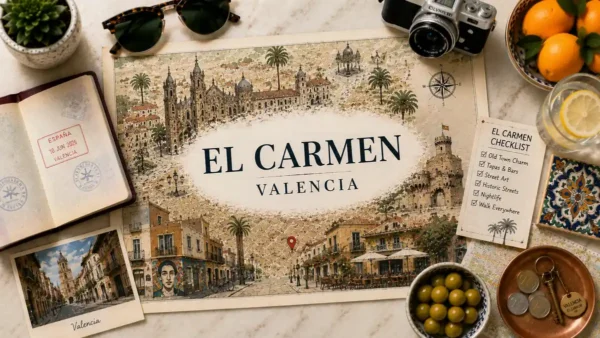 El Carmen, Valencia: Is It the Right Place to Stay? 5 Flat lay El Carmen Valencia map with passport, checklist, citrus, tile, olives, coins, and Old Town travel props.