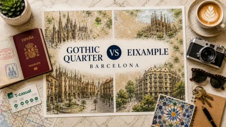 Split Barcelona map-poster flat lay comparing the Gothic Quarter and Eixample with a passport and travel planning items.
