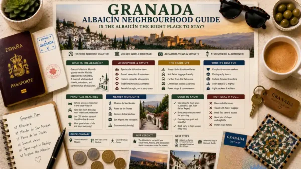Where to Stay in the Albaicín, Granada: Is It the Right Base? 3 Overhead travel flat lay with a Granada Albaicin neighborhood guide poster, passport, room key, coffee, notebook, coins, and city map.
