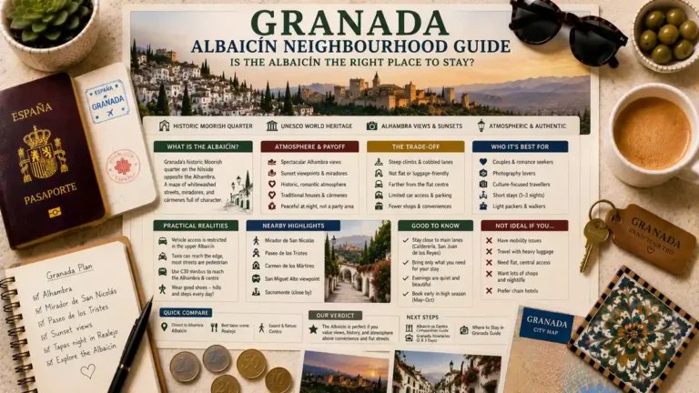 Overhead travel flat lay with a Granada Albaicin neighborhood guide poster, passport, room key, coffee, notebook, coins, and city map.