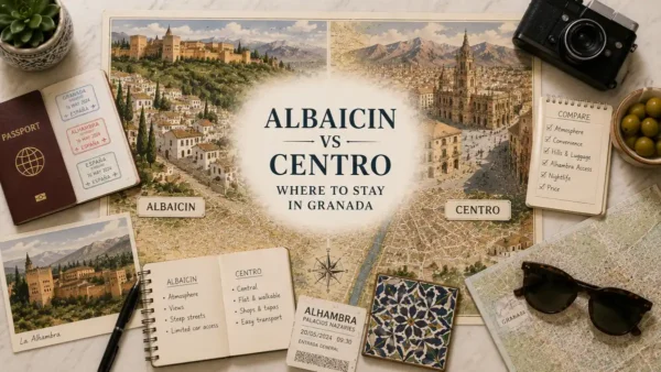 Granada Albaicin vs Centro flat lay with an illustrated map, passport, Alhambra postcard, comparison notes, and travel props.