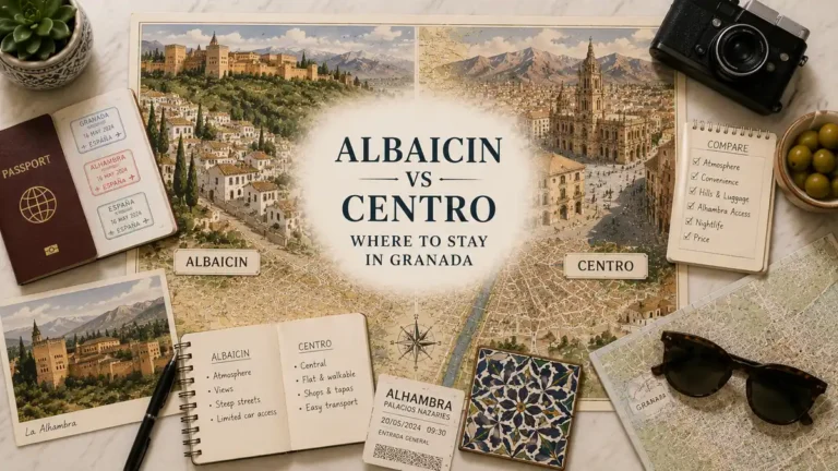 Granada Albaicin vs Centro flat lay with an illustrated map, passport, Alhambra postcard, comparison notes, and travel props.
