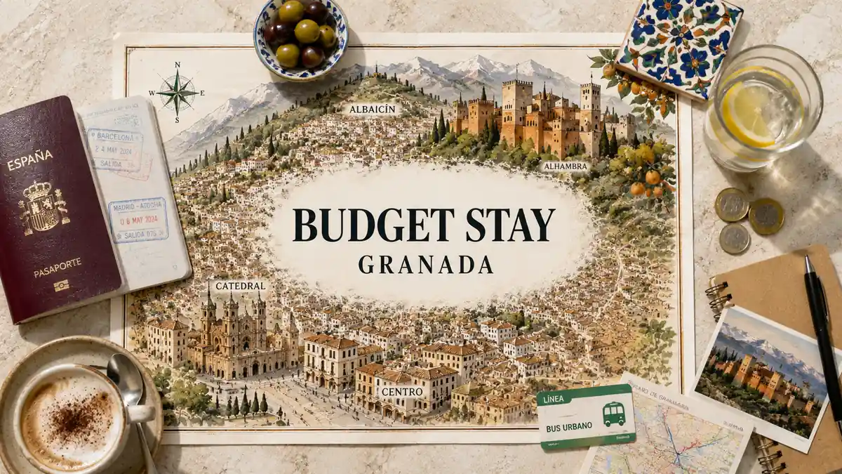 Where to Stay in Granada on a Budget: Best Areas 2 Flat lay travel map of Granada with the Alhambra, passport, coins, bus ticket, and budget stay props.