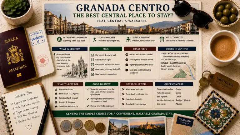 Overhead travel flat lay with a Granada Centro neighborhood guide poster, passport, room key, coffee, notebook, coins, and city map.