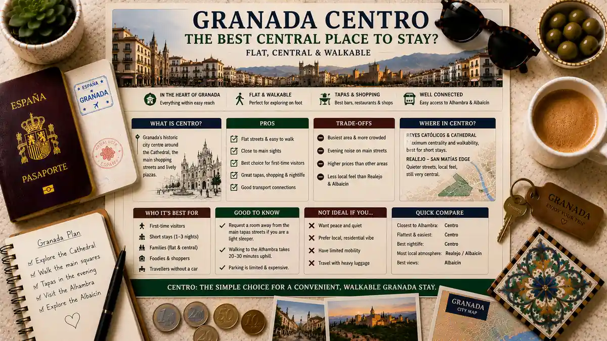Where to Stay in Centro Granada: The Central Base 2 Overhead travel flat lay with a Granada Centro neighborhood guide poster, passport, room key, coffee, notebook, coins, and city map.