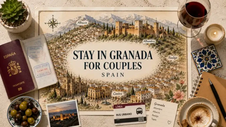 Flat lay travel map of Granada with couples stay text, passport, Alhambra, candle, drink, and romantic planning props.