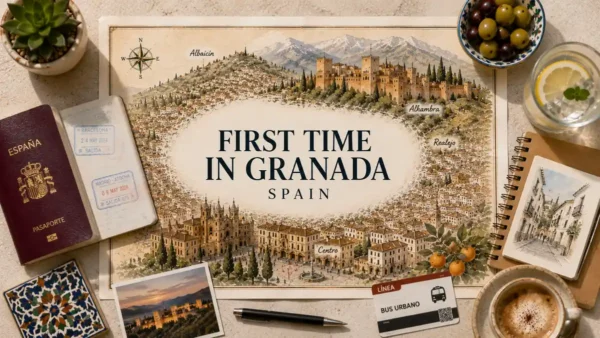 Flat lay travel map of Granada with first-time visitor text, passport, Alhambra, Albaicín, Realejo, and planning props.