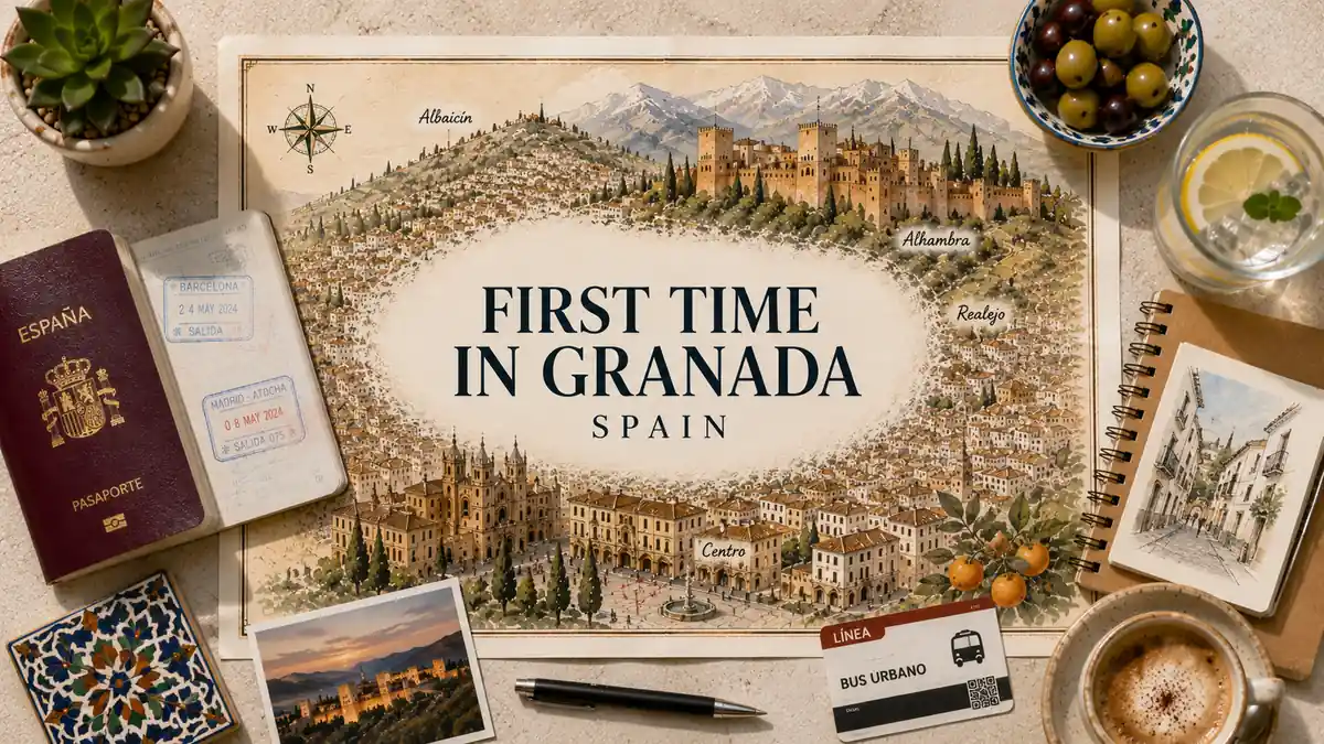 Flat lay travel map of Granada with first-time visitor text, passport, Alhambra, Albaicín, Realejo, and planning props.
