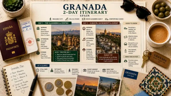 Overhead travel flat lay with a Granada 2-day itinerary poster, passport, coffee, notebook, coins, room key, and city map.
