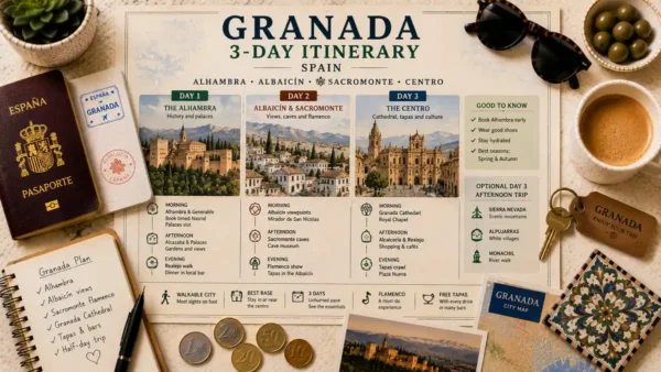 Overhead travel flat lay with a Granada 3-day itinerary poster, passport, coffee, notebook, coins, and city map.